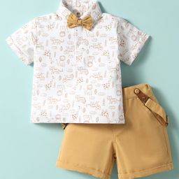 ToffyHouse Cotton Knit Half Sleeves Animal Printed Polo T-Shirt & Shorts With Bow & Suspender - White & Gold-picture-19