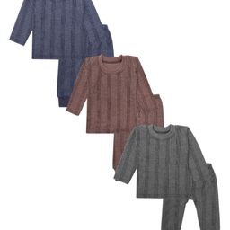 Superminis Pack Of 3 Full Sleeves Striped Thermal Tees With Coordinating Joggers Set - Brown Grey & Blue-picture-33