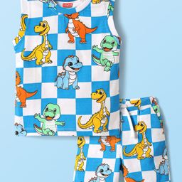 Babyhug Single Jersey Knit Sleeveless Tank T-Shirt & Shorts Co-Ord Set With Dino Print - Blue & White-image-118