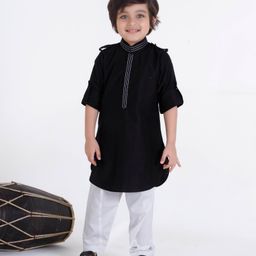 Ministitch Cotton Silk Full Sleeves Threadwork Embroidered Pathani Style Kurta Pyjama Set - Black-image-85