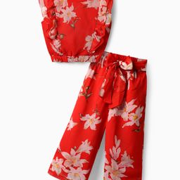 OLLINGTON ST. Georgette Floral Printed Co-ord Set Of Sleeveless Top & Culottes with Belt - Red-image-77