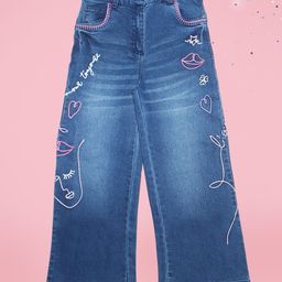 Cutecumber Denim Heart & Lips Embroidered Washed Jeans - Blue-image-1