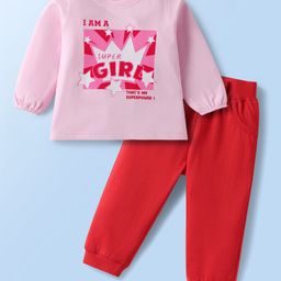 Doodle Poodle 100% Cotton Full Sleeves Text Printed T-shirt & Lounge Pant Set - Light Pink & Red-image-58