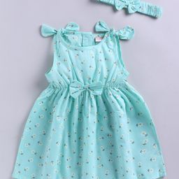 Snuggly MONKEY Poplin Woven Sleeveless Floral Printed Bow Applique Detailed Dress With Headband - Mint-image-11