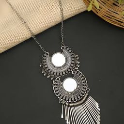 KRENOZ Silver-Plated Mirror Work Tasseled Oxidised Long Necklace-28