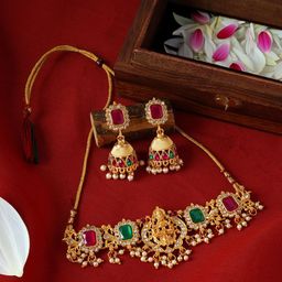 TEEJH Gold Plated Stone Studded & Beaded Jewellery Set-image-52