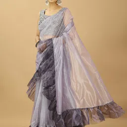 PATLANI STYLE Ruffle Style Twill Net Saree With Thread Embroidery Work Blouse Piece image 3