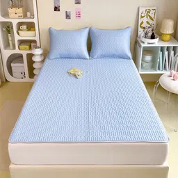JC HOME Blue Geometric Textured 160 TC King Fitted Bedsheet With 2 Pillow Covers-image-42