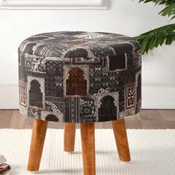 NACIA Black & Beige Printed Wooden Round Ottoman-18
