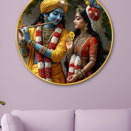 SAF Yellow & Blue Radha Krishna Round Religious Wooden Wall Art-51