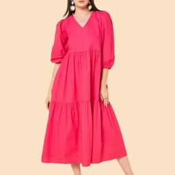 High Star Magenta Cotton Midi Dress-image-40