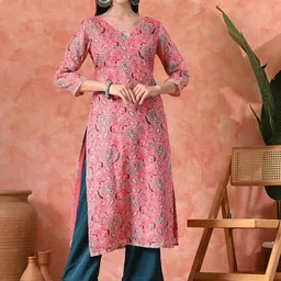 Sangria Floral Printed V-Neck Cotton Silk Straight Kurta-43