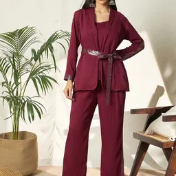 BANDIA Embelllished Shoulder Straps Top & Trousers With Shrug & Belt Co-Ords-picture-55