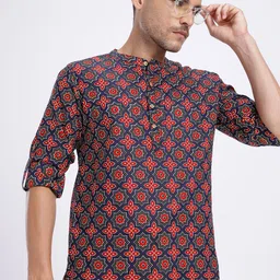 Anouk Rustic Ethnic Motifs Pure Cotton Band Collar Roll-Up Sleeves Straight Kurta-picture-52
