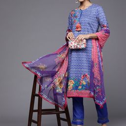 Biba Women Blue Printed Kurta with Trousers & With Dupatta-picture-19