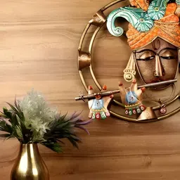 CRAFTAM Brown &Blue Iron Handmade Painted Round Pipe Krishna With Flute Wall Frame Statue-image-1