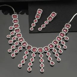 Aatmana Women's Silver-Plated Pink CZ-Stone & Emerald Handcrafted Necklace Set-image-27