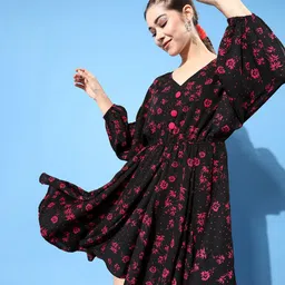 KASSUALLY Women Stylish Black Floral Swirling Volume Dress-image-29