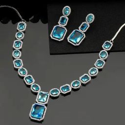 Aatmana Silver-Plated AD-Studded Handcrafted Capri Blue Necklace Set-image-32