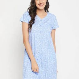 Clovia Blue Cotton Floral Print Night Dress-image-47