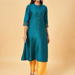 Rangmanch by Pantaloons Teal Blue Embroidered Straight Kurta-image-98