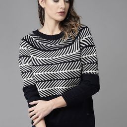 The Roadster Lifestyle Co Women Navy Blue  Off-White Self Design Sweater-image-54