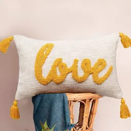 HOMADORN Off White & Yellow Embroidered Rectangle Pure Cotton Cushion Cover-55