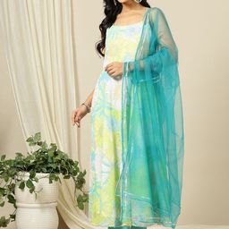 Inddus Yellow Floral Printed Georgette A-Line Kurta with Trousers & Dupatta-30