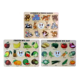 Enjunior Box Wooden Animals Fruits and Vegetables Puzzle with Knobs Multicolour - 50 Pieces-3