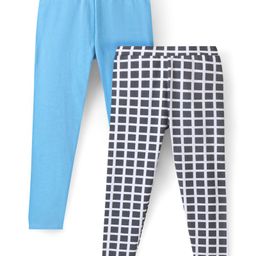 Pine Kids Full Length Stretchable & Biowashed Cotton Leggings Solid & Check Print Pack Of 2 - Blue Black-image-9