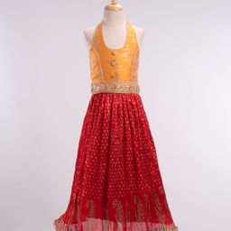 Twisha Sleeveless Brocade Style Halter Neck Choli With Crush Effect Lehenga - Yellow & Red-image-50