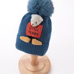 Babyhug Pom Pom Woollen Cap Teddy Applique - Blue-22