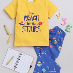 Knitting Doodles Premium Cotton Half Sleeves Peach For The Stars Text Printed Tee & Space Printed Pajama Set  Night Suit With Space Printed Pajama - Blue & Yellow-image-78