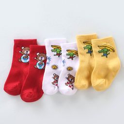Cutewalk By Babyhug Anti-Bacterial Ankle Length Socks Teddy Bear & Crocodile Design Pack Of 3- Red Yellow & White-image-9