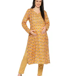 Mom for sure by Ketki Dalal Full Sleeves Floral Motif Printed & Sequin Embellished Maternity Kurta With Concealed Zipper Nursing Access - Mustard Yellow-picture-15