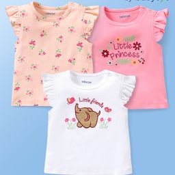 Babyoye Eco Conscious  Cotton  Knit Frill Sleeves T-Shirts  with  Floral &  Text Print Pack of 3 - Multicolour-picture-44