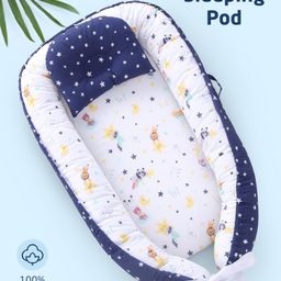 Zoe Cotton Sleeping Pod Bed  With Portable Bassinet Floral Theme- Navy Blue-image-15
