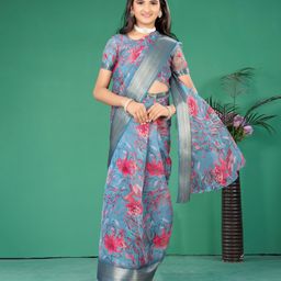 SHRITHI Fashion Fab Organza Half Sleeves Floral Printed Ready To Wear Saree - Blue-image-72