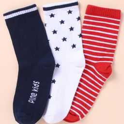 Pine Kids Cotton Knit Socks with Strips Star & Text Print Pack of 3 - Navy Blue White & Red-image-44