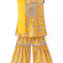 Ridokidz Sleveless Floral Printed Lace Embellished Kurta With Sharara & Dupatta Set - Yellow-image-16