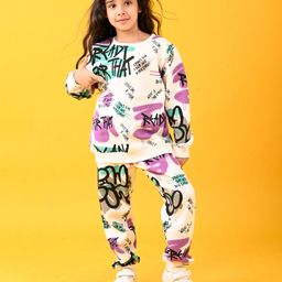 Anthrilo Fleece Full Sleeves Text Printed Coordinating Sweatshirt With Joggers Set - White-image-25