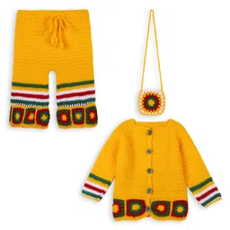 Windrop Solutions Wool Crocheted Full Sleeves Floral Designed Sweater & Palazzo With Bag - Yellow-picture-22