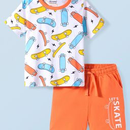 Honeyhap 100% Premium Cotton Knit Half Sleeves Skateboard Printed Shorts Set - Sun Shine & Navy Peony-picture-19