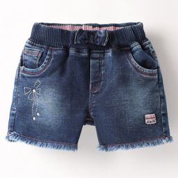 Olio Kids Knit Above Knee Length Denim Shorts With Pearl Detailing & Bow Applique - Navy Blue-picture-42