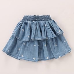 Babyhug Mid Thigh Frilled Denim Skirt With Heart Print - Blue-image-59