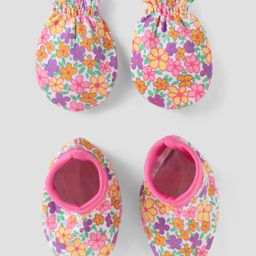 Babyhug 100% Cotton Knit Mittens & Booties with Floral Print - White & Pink-image-104