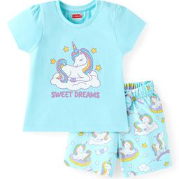 Babyhug Cotton Knit Half Sleeves Shorts Night Suit with Unicorn Print - Light Blue-image-77
