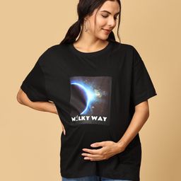 The Mom Store Half Sleeves Milky Way Text Printed Oversized Maternity Tee - Black-picture-1