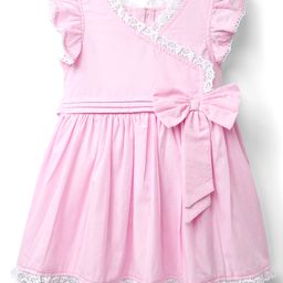 Babyoye Poplin Woven Frill Sleeves Frock With Lace Detailing & Bow Applique - Pink-picture-23