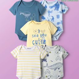 Babyoye Interlock Knit Half Sleeves Onesies with Sea Life Print Pack of 5 - Multicolor-image-43